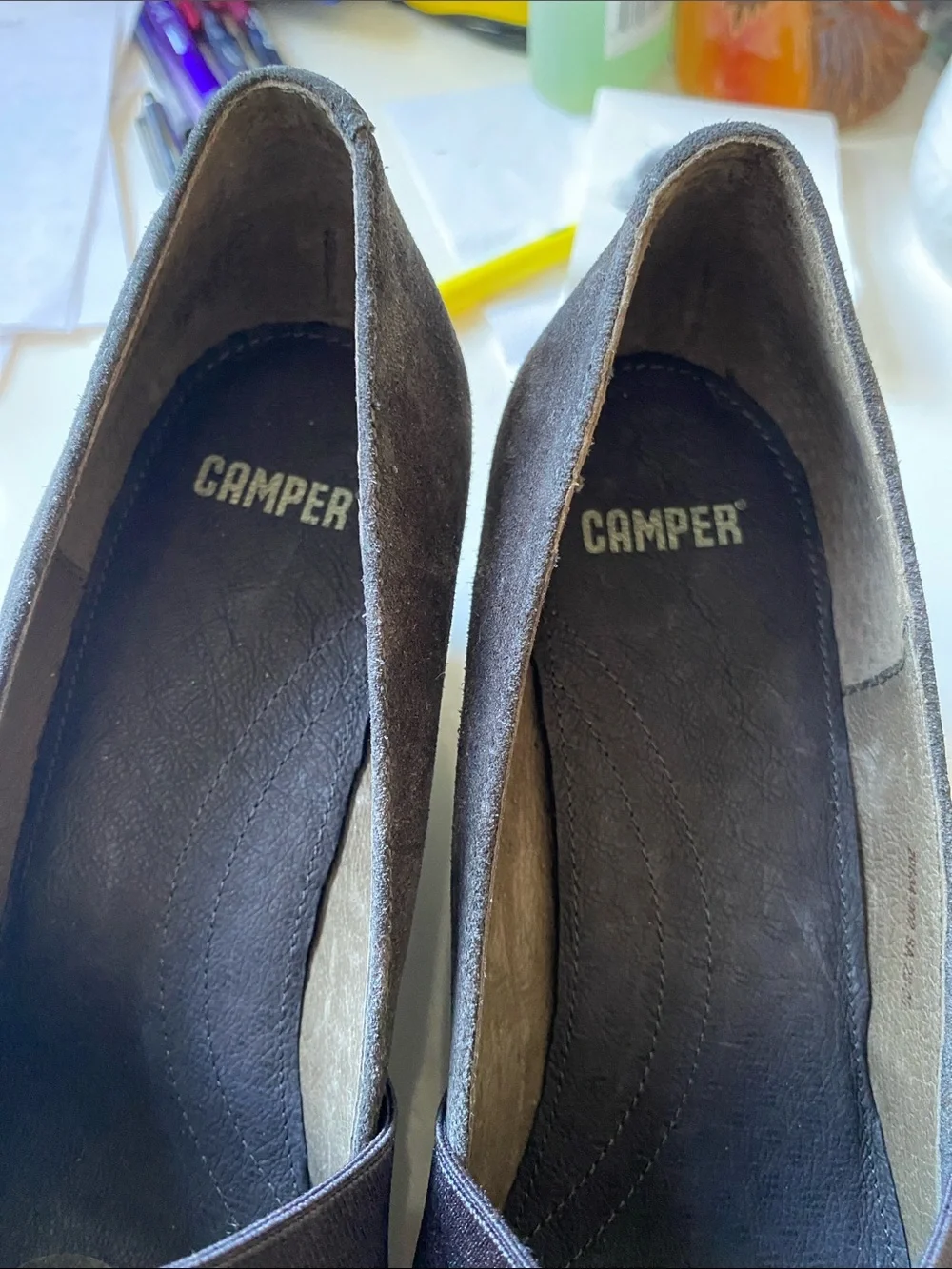 Camper Nancy dark grey  Suede Mary Jane wedges NWOB Sz 40EU Elasticated strap